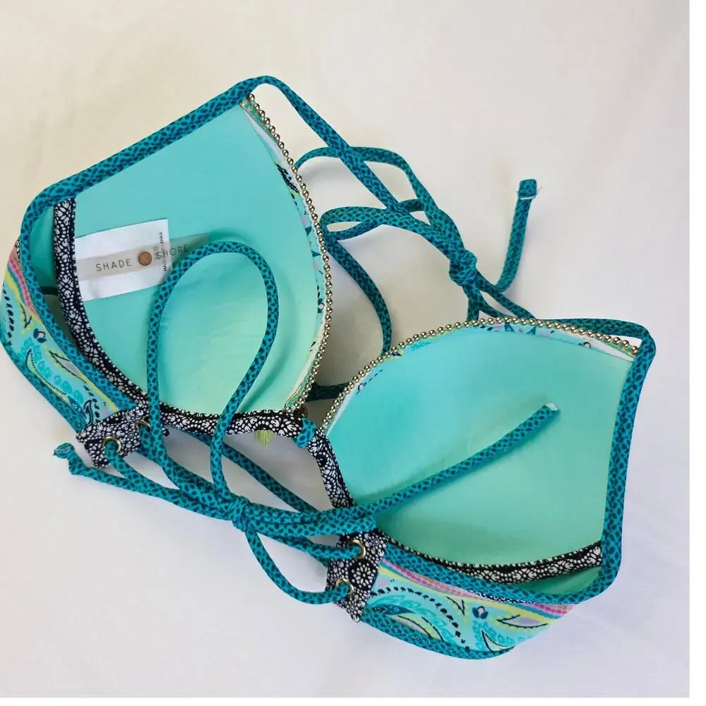 Shade & Shore Padded Bikini Top 34B Teal Paisley Tassel Underwire Boho Swim